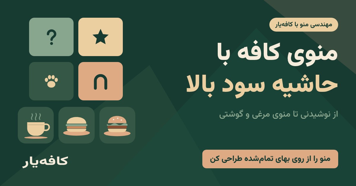گرافیک عنوان «منوی کافه با حاشیه سود بالا» با ماتریس ۲×۲ مهندسی منو و آیکون نوشیدنی، ساندویچ مرغ و برگر، با لوگوی کافه‌یار